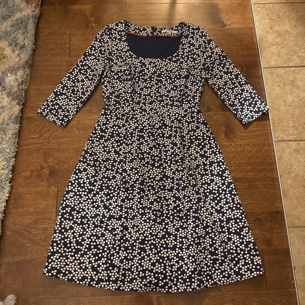 Boden Lined Tea length Patterned Blue & White Dress